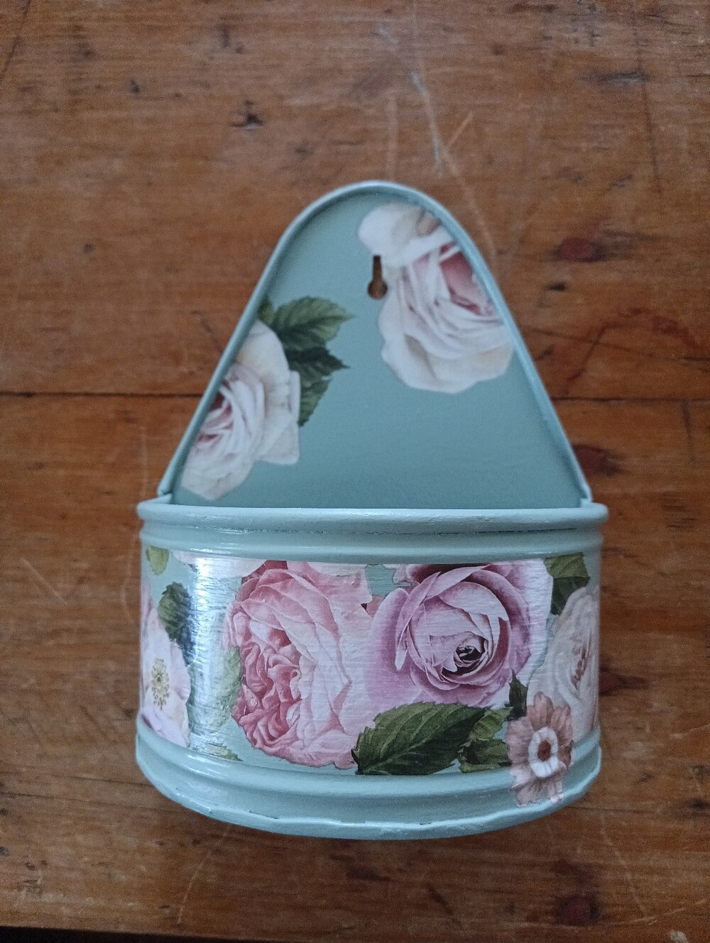 Recycled Repurposed Wall Pocket Organizer in Blue Green with Pink Roses